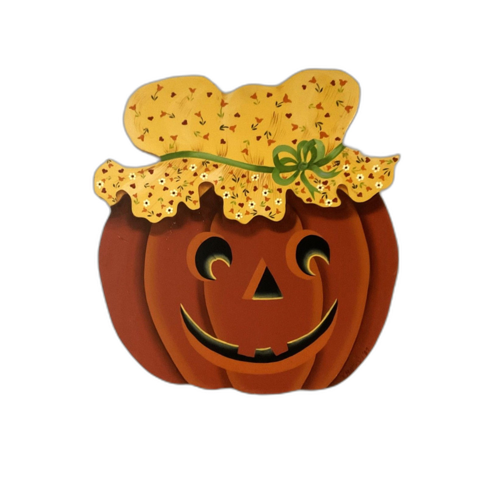 Vintage 1980s Hand-Painted Wooden Pumpkin Jack-O'-Lantern Country Bonnet Décor